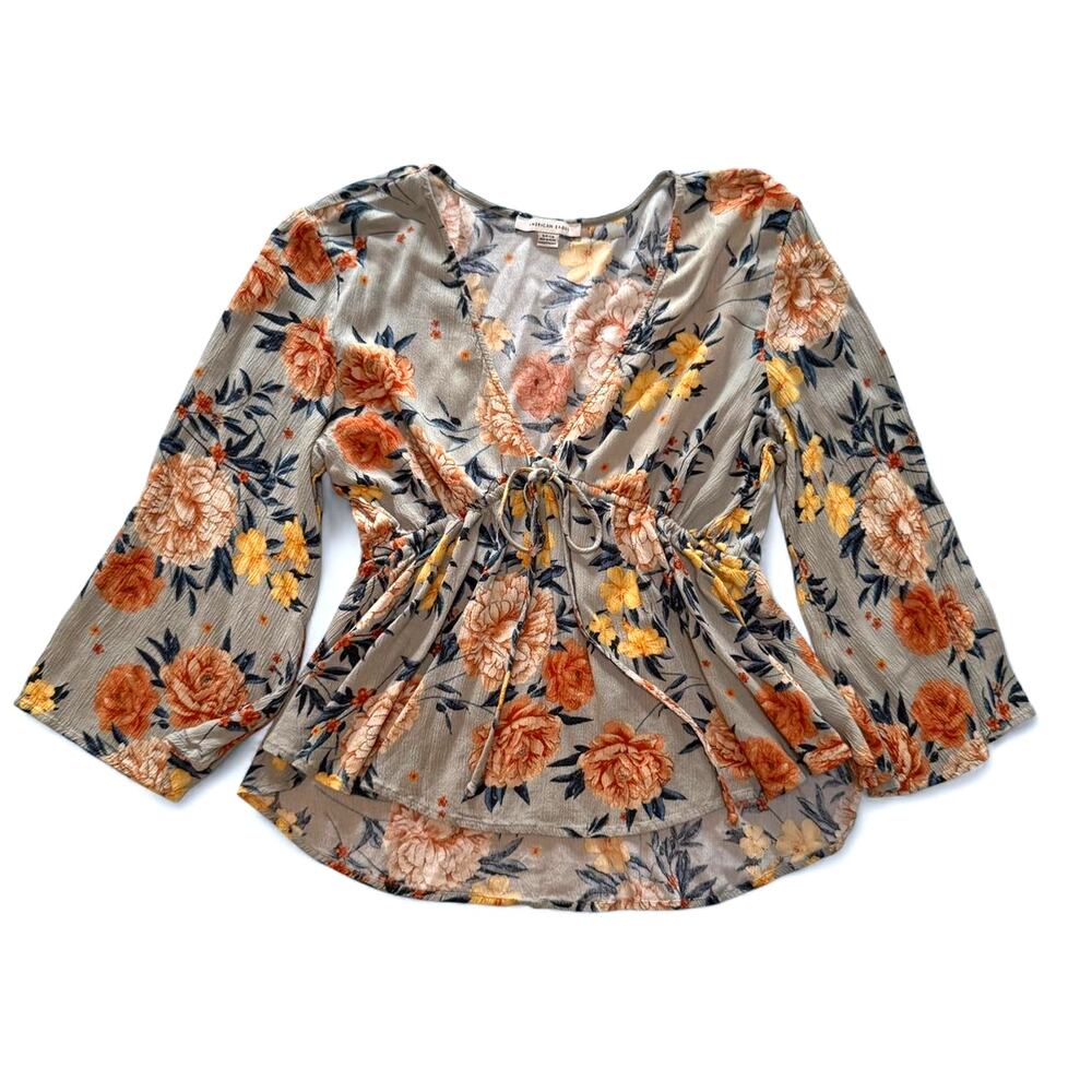 American Eagle Floral V-Neck Tie Front Blouse – Size Small | Cottagecore Preppy